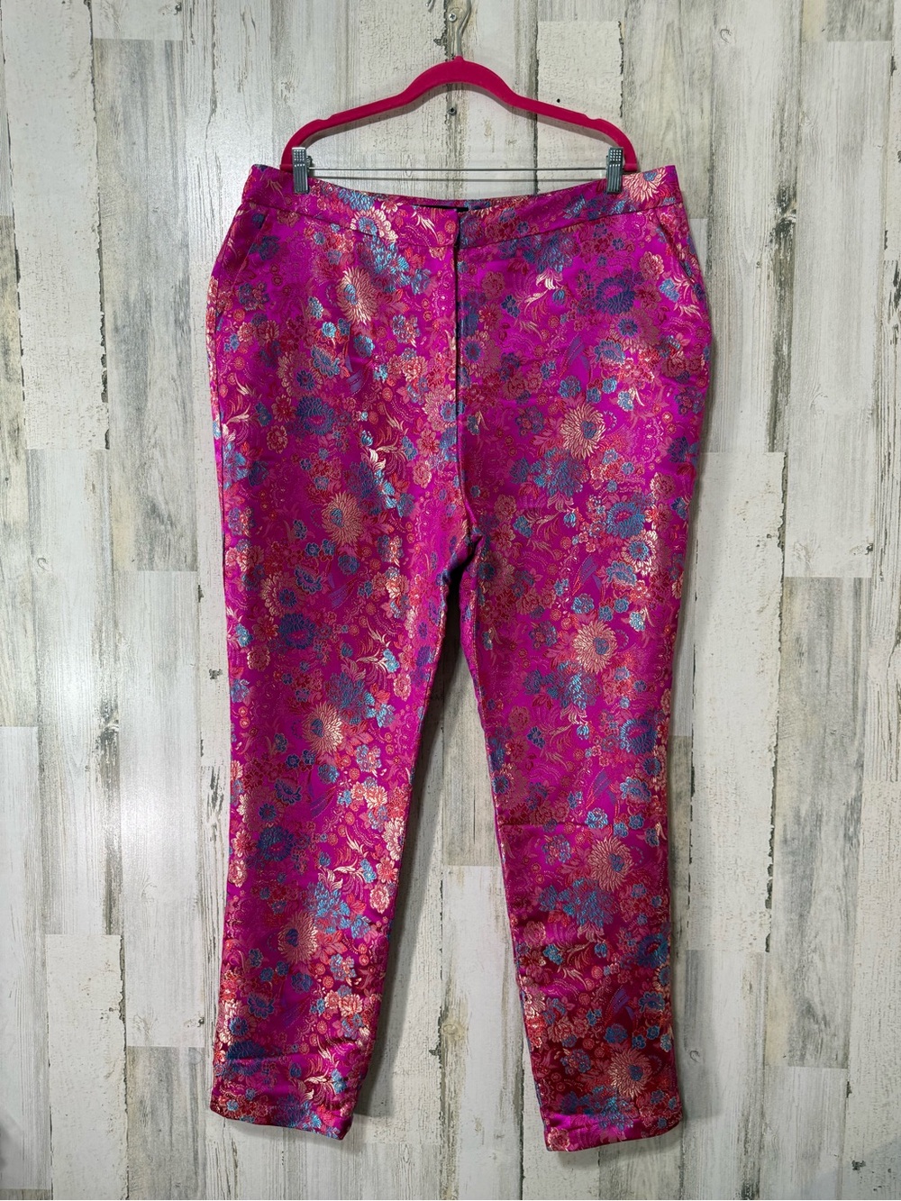 Fashion Nova NovaLuxe Plus Pink Satin Magenta Floral Brocade Straight Leg Pants